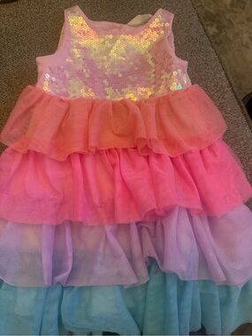 H&M Pink Sequin Bodice Rainbow Tiered Tulle Dress